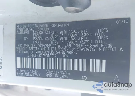 2010 Toyota 4Runner Sr5 V6 z USA, uszkodzony, nr VIN JTEBU5JR1A5010737